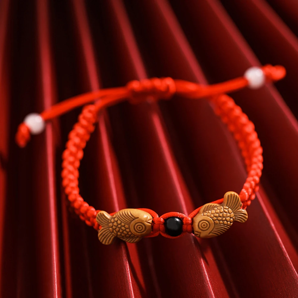 Feng Shui Red String Double Fish Lucky Wooden Twin Charm Bracelet Red Thread For Good Luck Wealth Handmade Chinese Jewelry