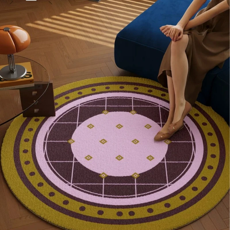 Round Faux Cashmere Area Rug Retro Geometric Soft Plush Non‑Slip Circular Floor Mat for Kids Room Bedside Living Room Home Decor