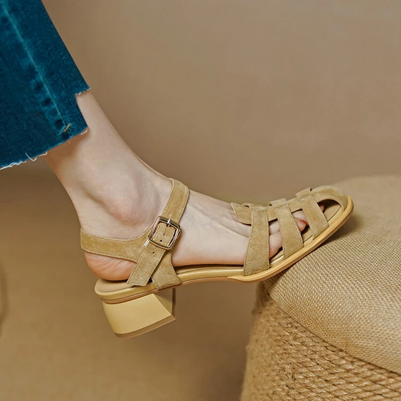 2024 Summer Women Shoes Round Toe Women Sandals Casual Suede Shoes for Women Roman Heels Green Genuine Leather Mid Heels