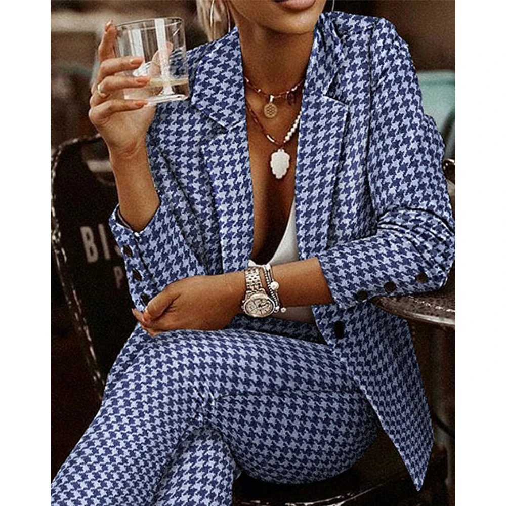 Damska 2 sztuk/zestaw z długim rękawem Plaid Work Blazer garnitur zestawy kobiece Lady otwórz Stitch spodnie ze sznurkiem zestawy biurowe OL Style