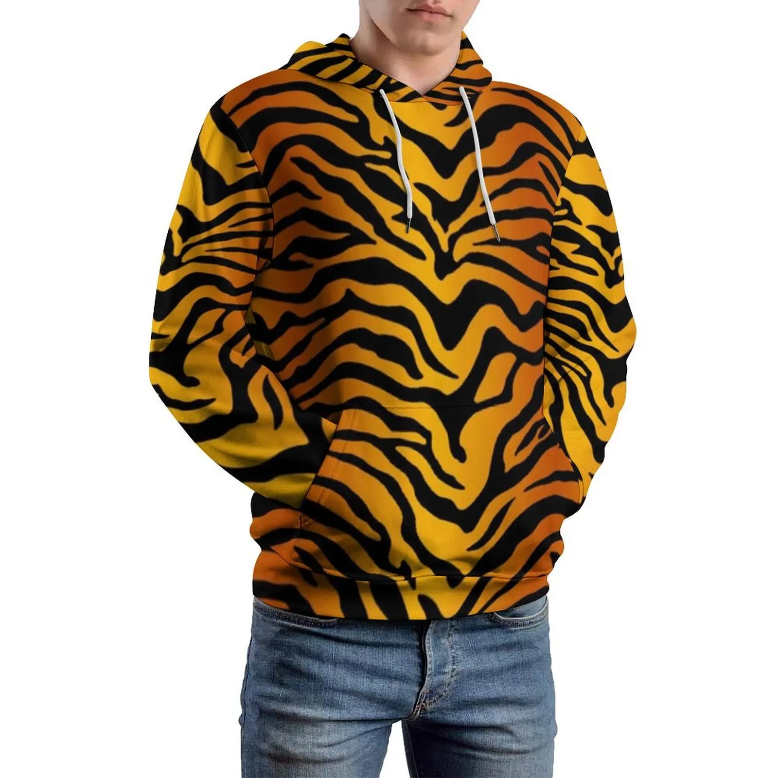 

Tiger Stripes Yellow Loose Hoodies Animal Print Streetwear Pullover Hoodie Unisex Long Sleeve Hip Hop Design Hooded Sweatshirts