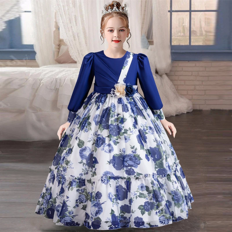 4-12 year old girl flower bow princess dress Fashionable and elegant printed long sleeved casual dress carnival birthday party