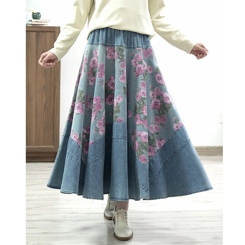 25 New Arrival Women All-matched Casual High Waist Floral Print A-line Skirt High-quality Cotton Denim Ankle-length Skirts Y190