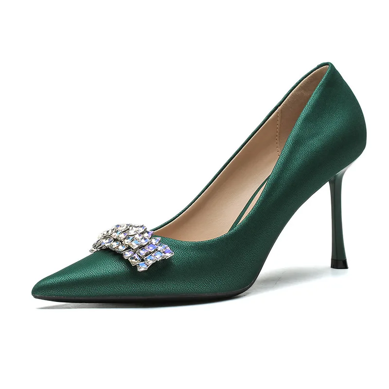 Office Career Women Pumps PU 8CM Thin High Heels Pointed Toe Slip-On rhinestone SolidHigh Quality Shoes For Women Emerald