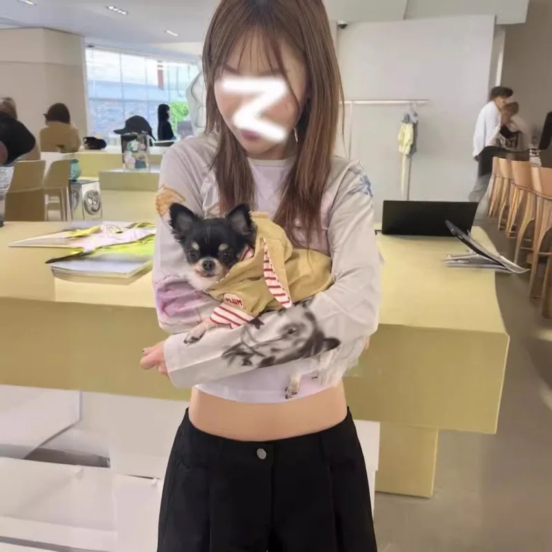 

Summer ort Svel T-irt Women's Commute Sle Korean Version Long Sve Dog fiti Print Base irt Hot Girl Crop Top