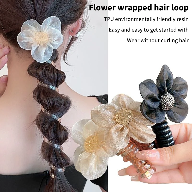 Mesh Flower Design Ponytail Elastic Headband Rubber Headband Hair Tie Phone Cord Hair Accessories Women'S Headband