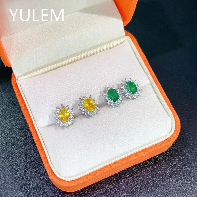 YULEM 5x7mm Natural Emerald and Yellow Sapphire Big Natural Gem for Women Daily Wear Silver 925 Earring Studs