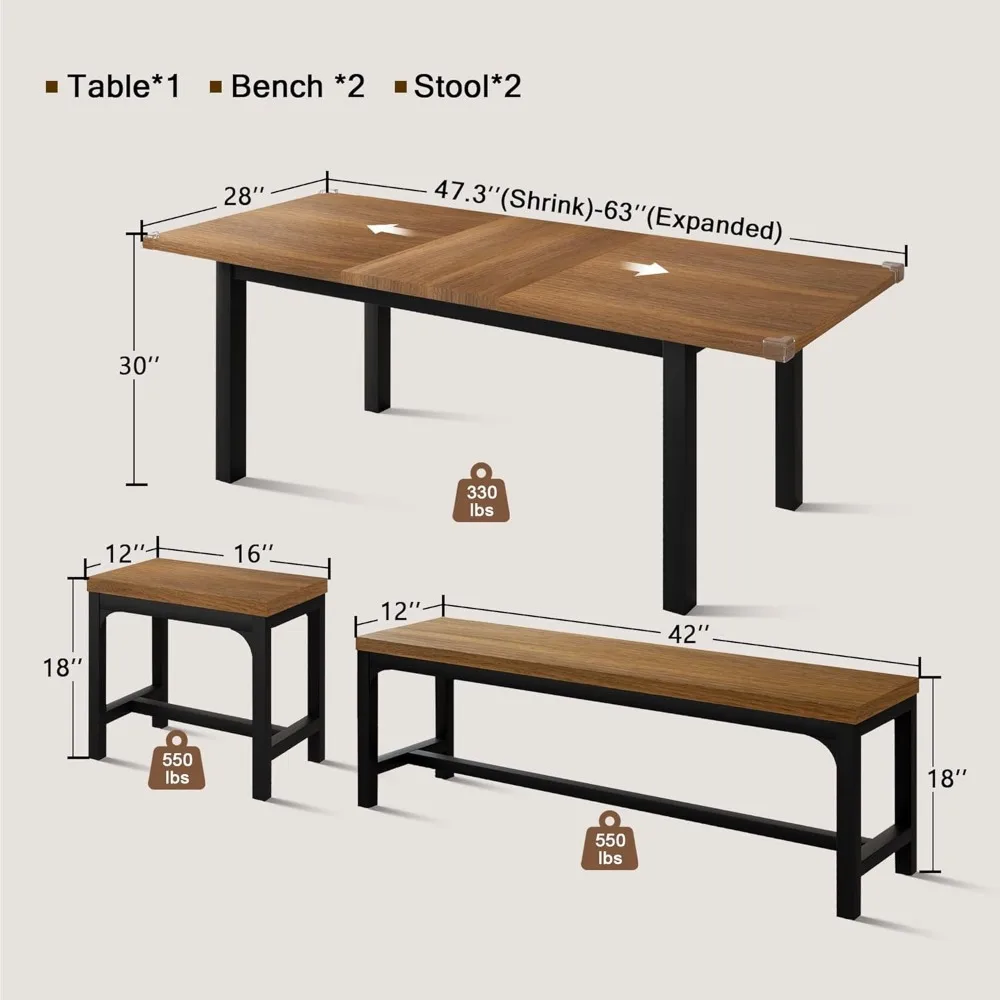 5 Pieces Dining Room Table Set for 4-6,with 2 Benches & 2 Stools, Small Dining Table Set with Metal Frame & MDF Board, Walnut