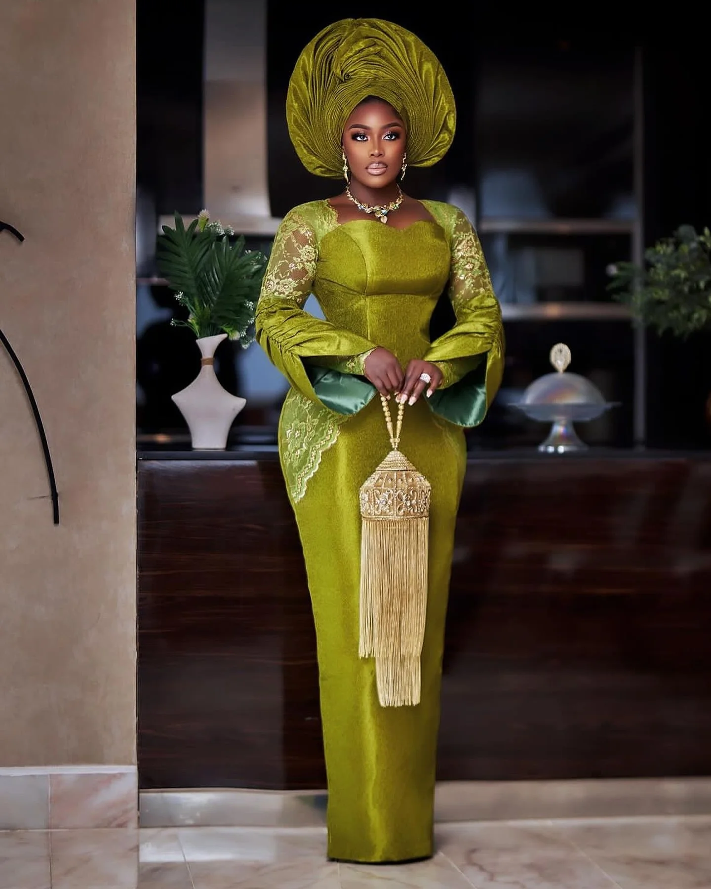 Traditional Nigerian Formal Occasion Dresses Green Silk Satin Lace African Wedding Party Dress Plus Size Aso Ebi Bridal Gowns