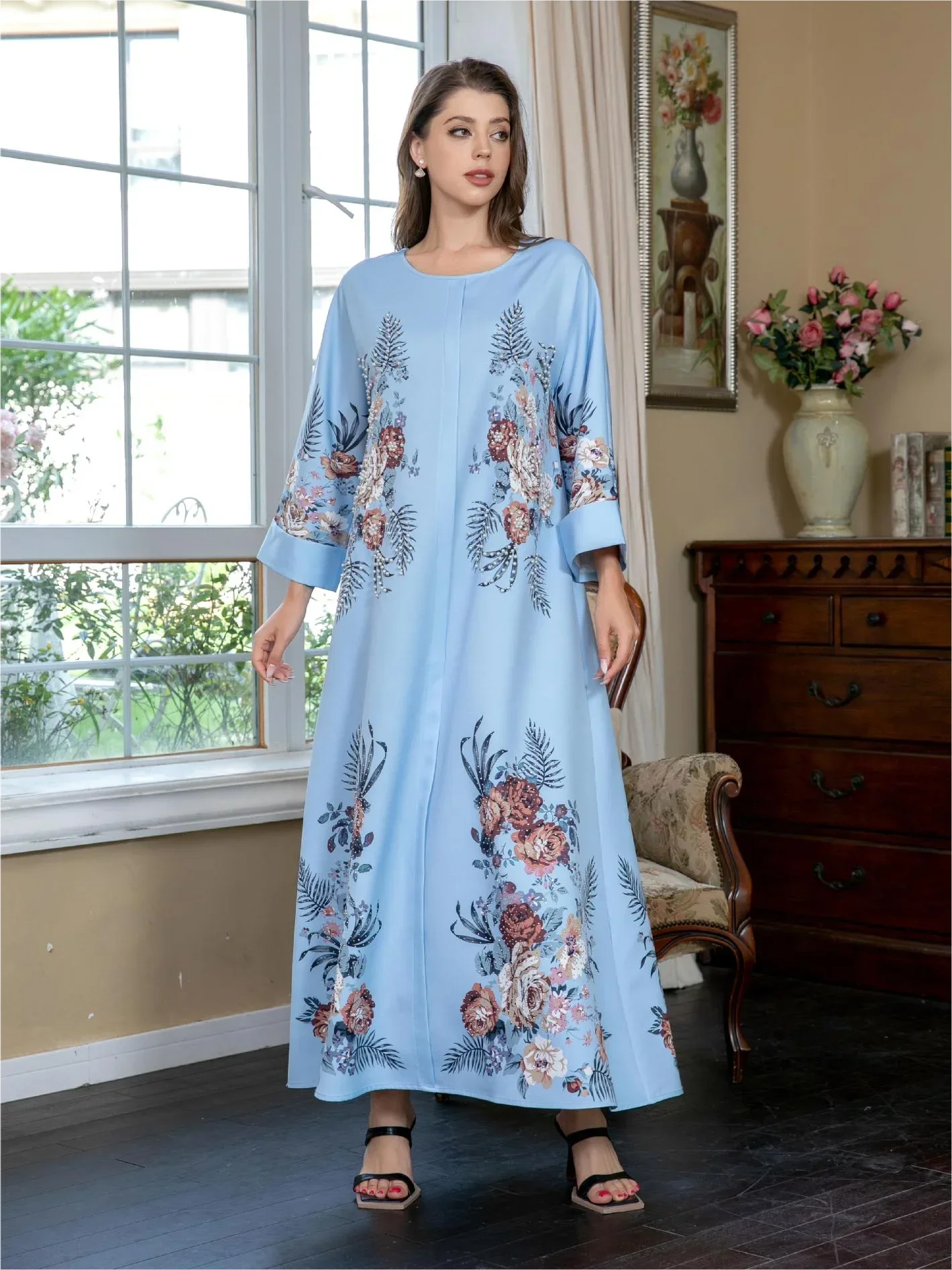 Ramadan Abayas for Women Flower Print Pearls Dresses Muslim Party Vestidos Morocco Dubai Kaftan Islam Arab Long Robe Jalabiya