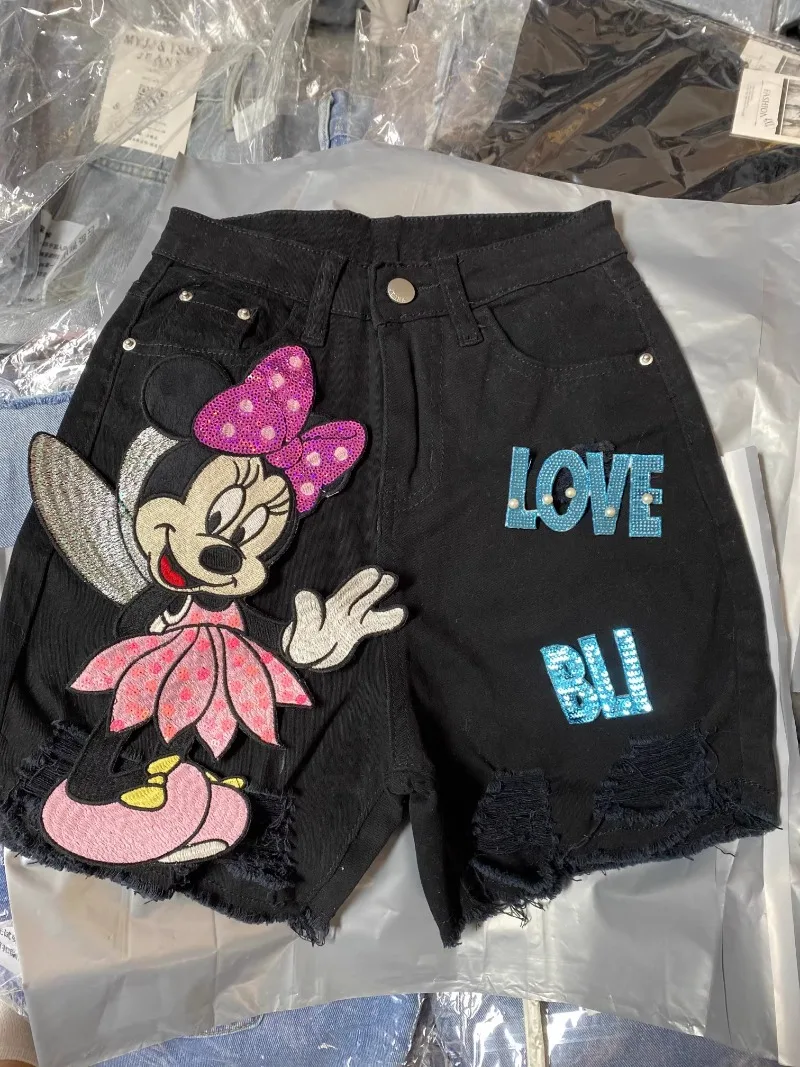 Summer 2024 New Oversized Shorts Women's Clothes Ripped Stretch Beaded Cartoon Denim Shorts A-line Wide Leg Short Trouser Female