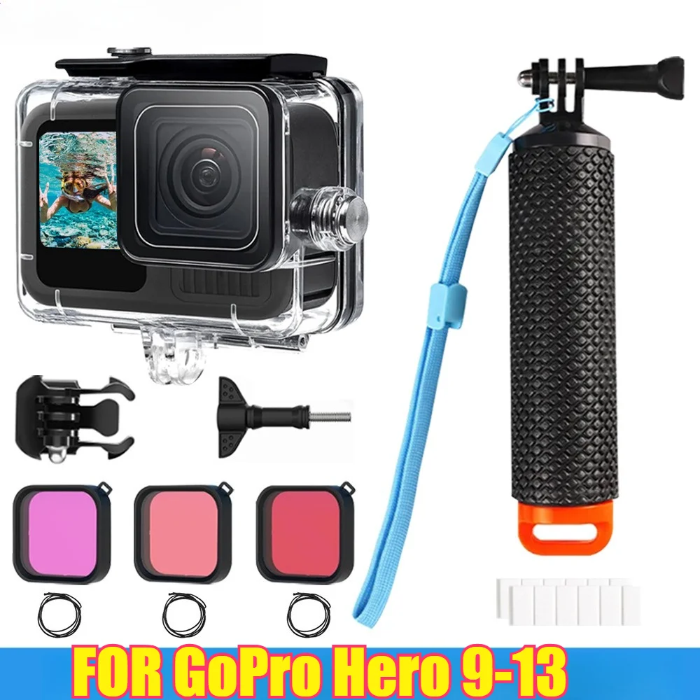 Waterproof Housing + Floating Grip FOR GoPro Hero 9-13& 3-Color Filter Kit -60M Dive Case for Snorkeling/Surfing -Anti-Fog Lens