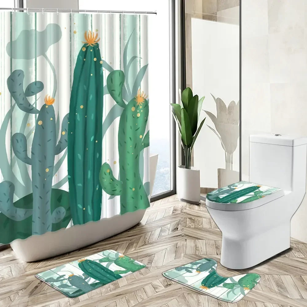 Tropical Cactus Succulent Print Summer Bathroom Shower Curtain Set Green Plant Flower Feather Non-Slip Pedestal Rug Toilet Cover