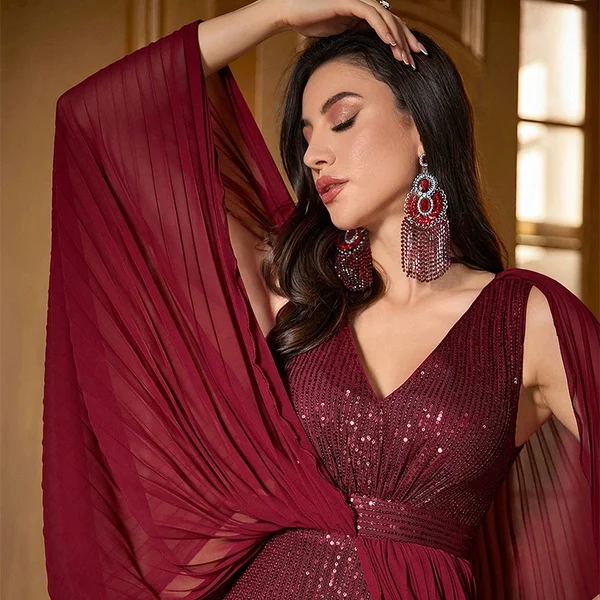 

Сексуальное красное длинное вечернее платье с V-образным вырезом, расшитое блестящими пайетками, свадебное, с завышенной талией, асимметричной юбкой, из трикотажной ткани, без рукавов