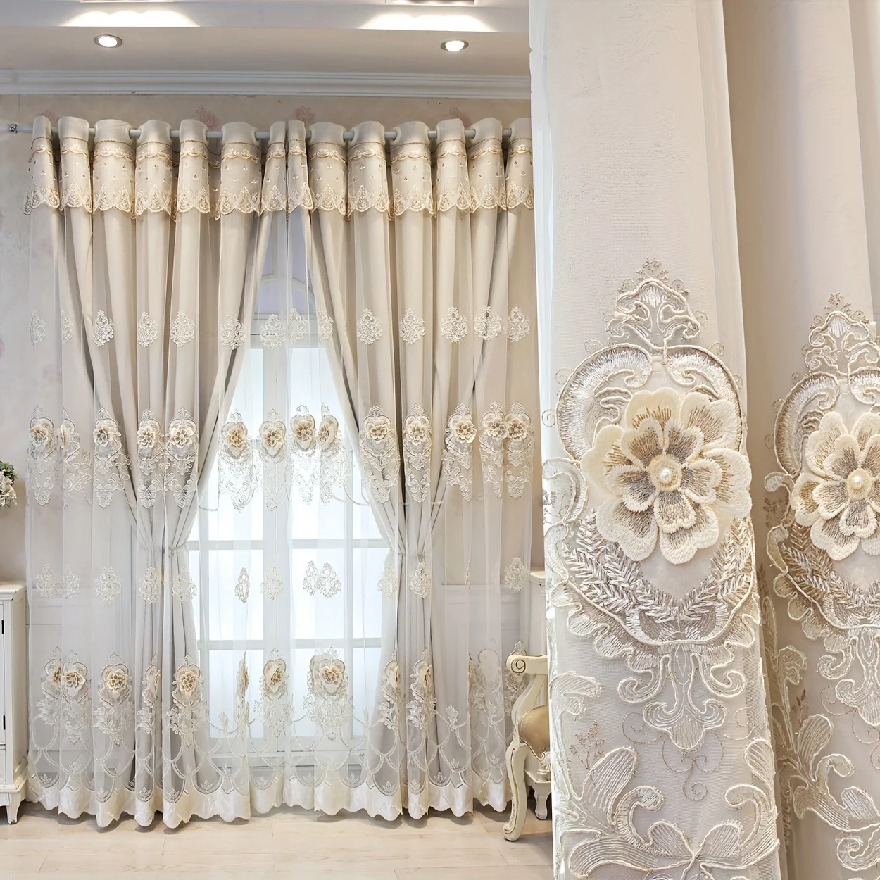 2 Panels Three-Dimensional Embroidered Fabric Yarn Integrated Blackout Curtain, Suspended with Top Loop, Blackout, Protection, H
