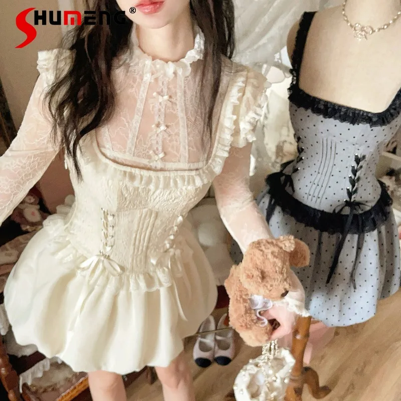 

2024 Autumn New Women's Short Suspender Dress Slimming Short Sleeveless Dresses Jacquard Dot Bubble Pendulum Vestidos De Mujer