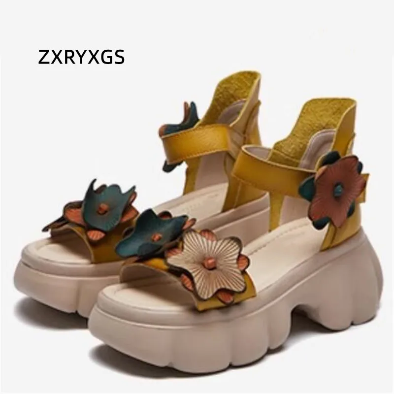 ZXRYXGS Head Layer Cowhide Classic Flowers Sandals Fashionable Shoes 2024 Summer Comfort Thick Soled High Heels Women\'s Sandals