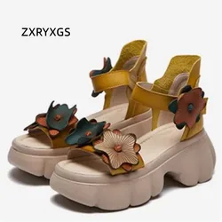 ZXRYXGS Head Layer Cowhide Classic Flowers Sandals Fashionable Shoes 2024 Summer Comfort Thick Soled High Heels Women's Sandals