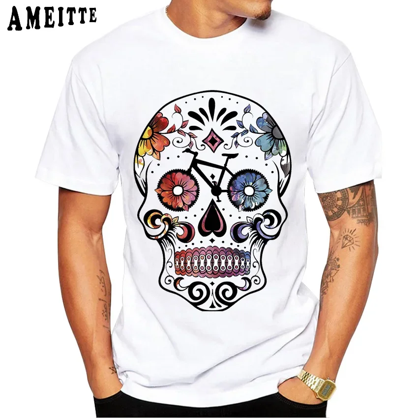 

Funny Sugar Skull Bike Classic T-Shirt New Summer Men Short Sleeve Bicycle Sports White Casual Tops Vintage Hip Hop Boy Tees