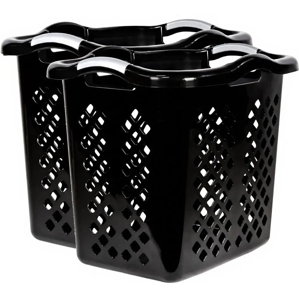 

Набор из 2 пластиковых корзин для белья объемом 2 бушеля с серебристыми ручками, компактный органайзер для грязной одежды для дома или общежития (черный)