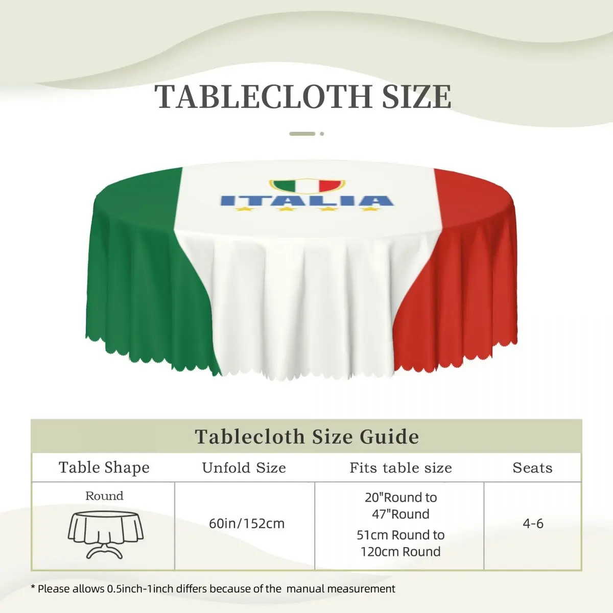 Flag Of Italy Tablecloth Round Waterproof Table Cloth Cover for Banquet 60 inch