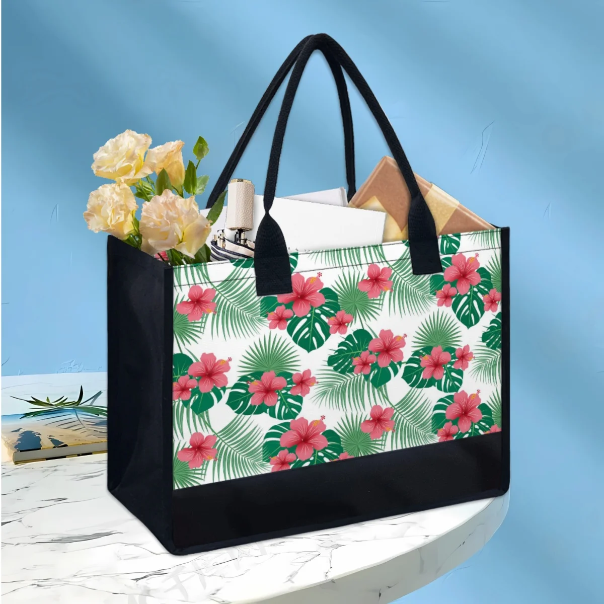 Tropical Hibiscus Flower Hawaiian Style Design Shoulder Bag Travel Outdoor Portable Canvas Shopping Bag Simple Casual Totes Gift