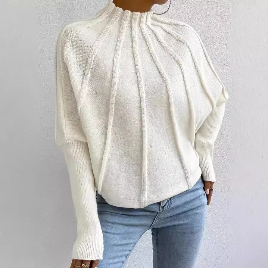 Semi High Neck Knitted Batwing Sleeve Sweater Pullover Women Loose Casual Tops Spring Summer
