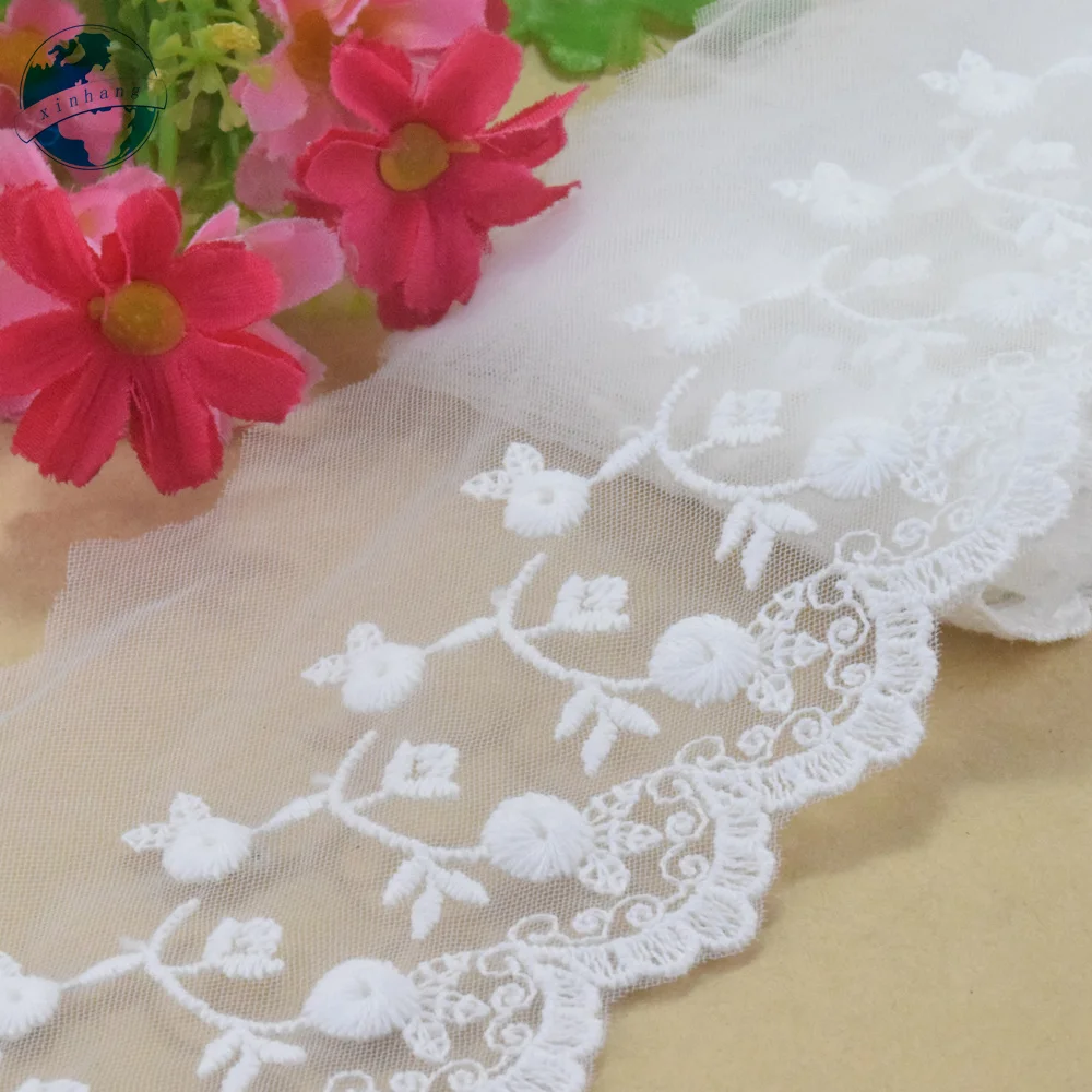 7.5cm Mesh Lace Cotton Embroidery White  French Ribbon Fabric Guipure Diy Trims Warp Knitting Sewing Accessories Doll Dress#4313