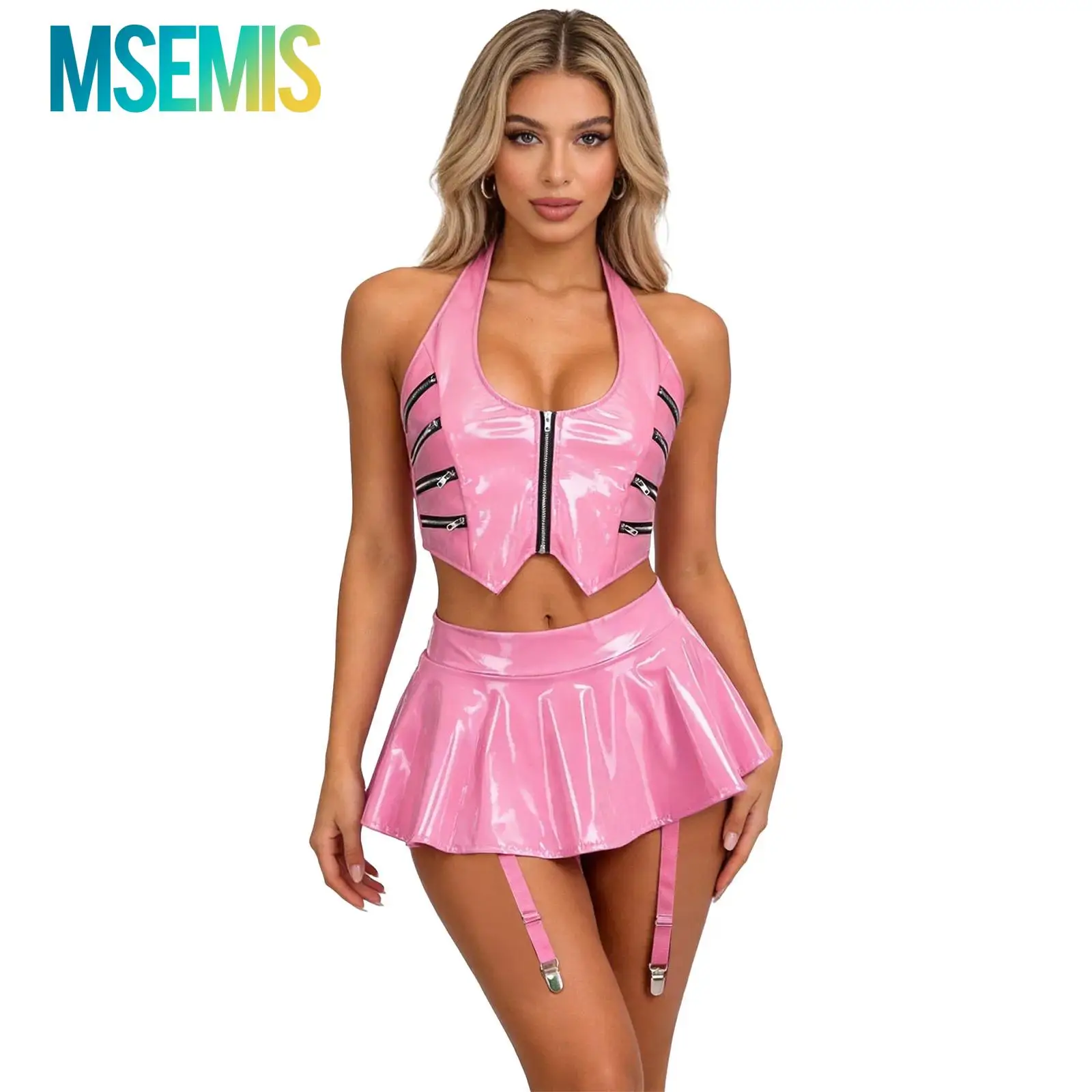 

Womens Glossy PU Leather Two Pieces Wet Look Rave Clubwear Lace-up Crop Top And Built-in Briefs Miniskirt with Garter Clips Set