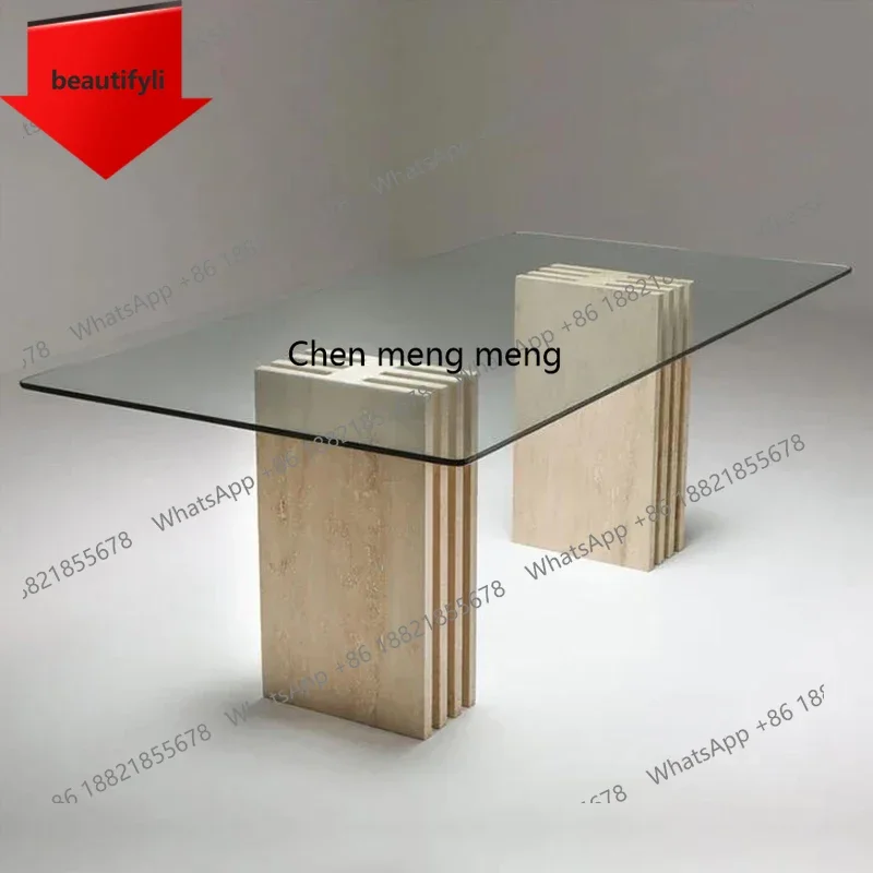 

PP Natural travertine dining table round marble dining table household stone luxury stone retro round table