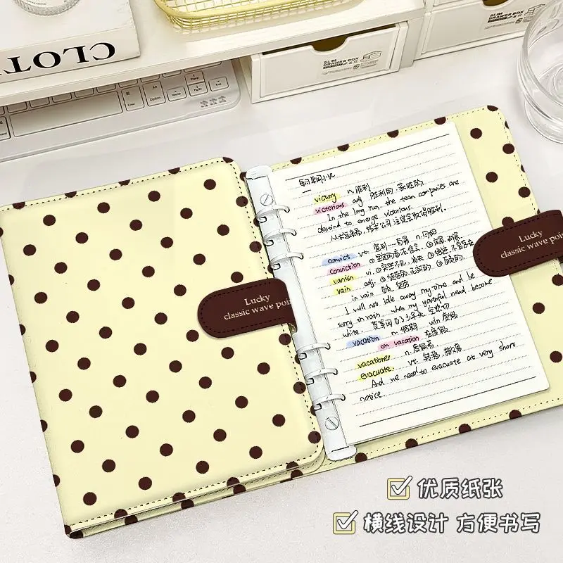 Yellow Polka Dot Print A5A6 Loose Leaf Binder Notebook PU Leather Magnetic Snap Cartoon Journal Planner for Students School