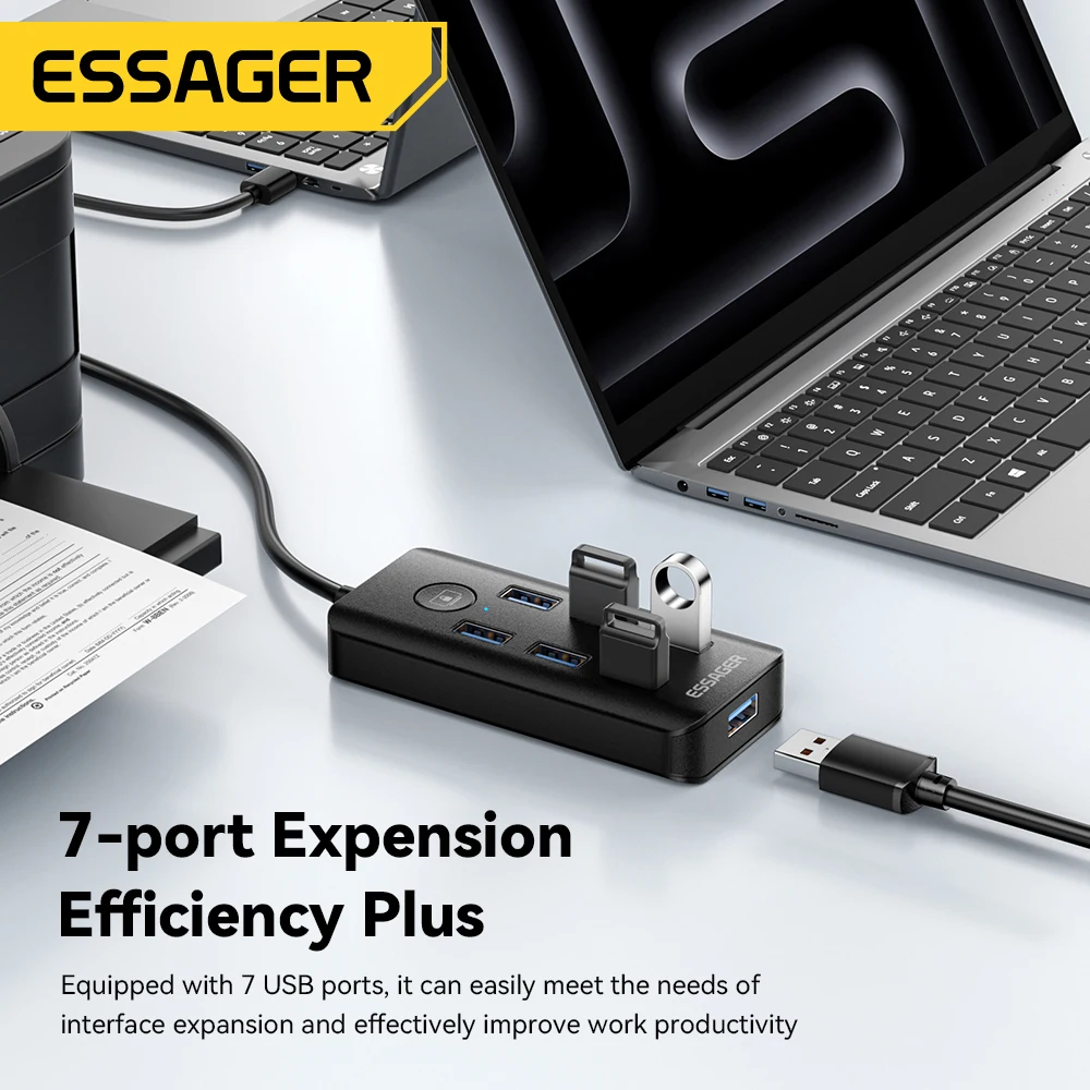 Essager 7-en-1 USB 3,0 Hub Multi USB divisor adaptador de corriente 5Gbps divisor USB de alta velocidad adaptador OTG para PC portátil Macbook Pro