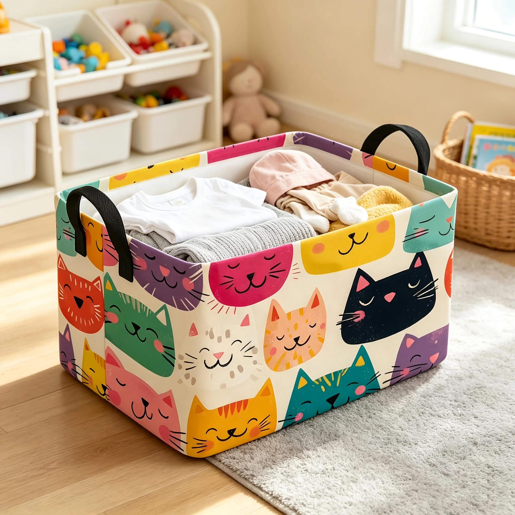 1 large foldable square storage basket with easy to grip handle and cute cat themed design. Very suitable for storing clothes
