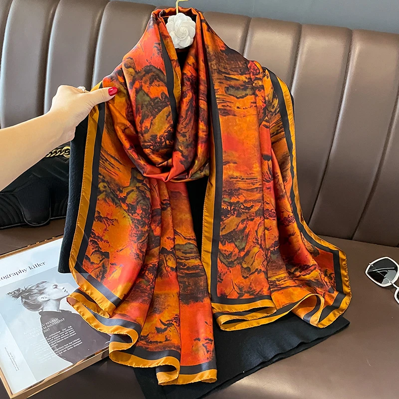 

2024 Style 180X90CM Scarves Luxury Print Sunscreen Beach Towel Popular Satin Finish Silk Shawls Fashion Dustproof Big Bandanna