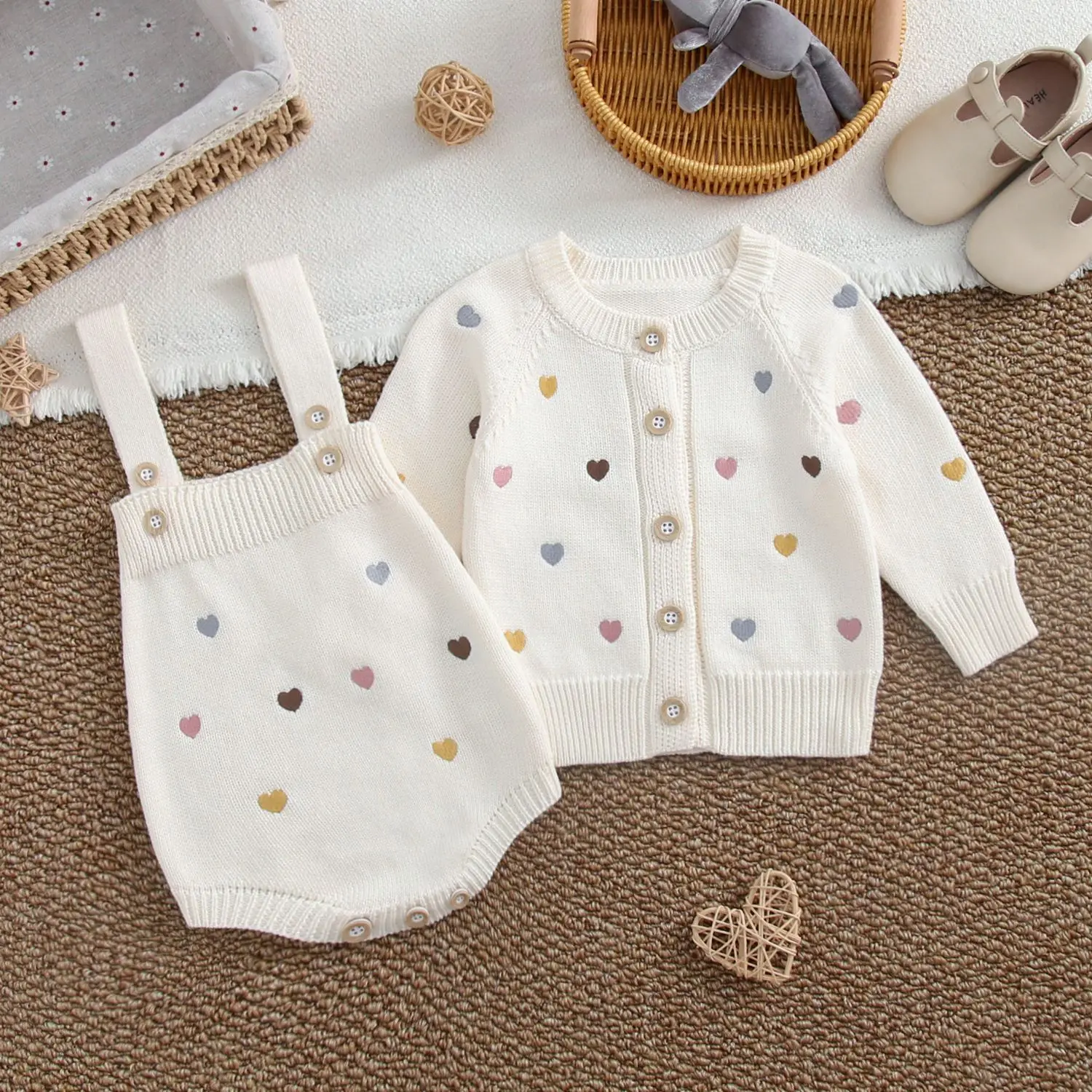 0-3T Newborn Kid Baby Girl Sweater Winter Clothes Heart Print Baby Knit Romper Cute Sweet Bodysuit Princess Outfit
