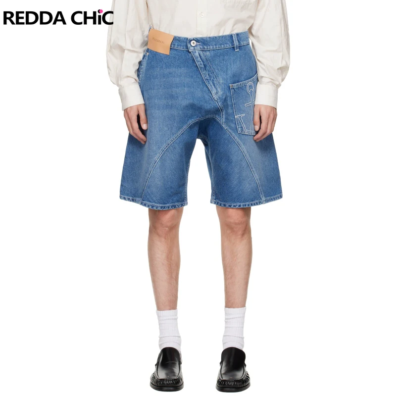 

ReddaChic Men Shorts Twisted Workwear Denim Shorts Blue Asymmetrical Embroidery Distressed Cat Whisker Bottom Clothes