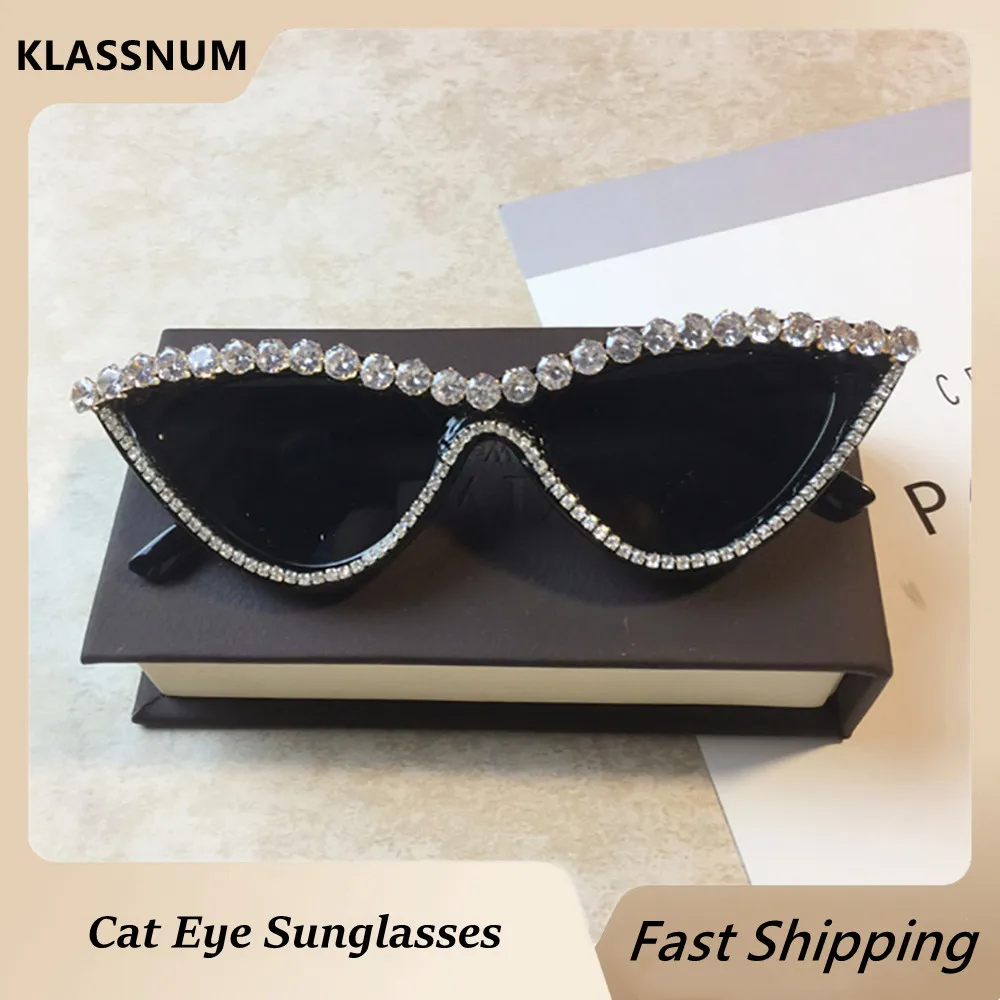 KLASSNUM Cat Eye Frame Glitter Sunglasses Diamond Crystal Designer Style Women UV400 Sun Glasses Fashion Y2K Shades Outdoor