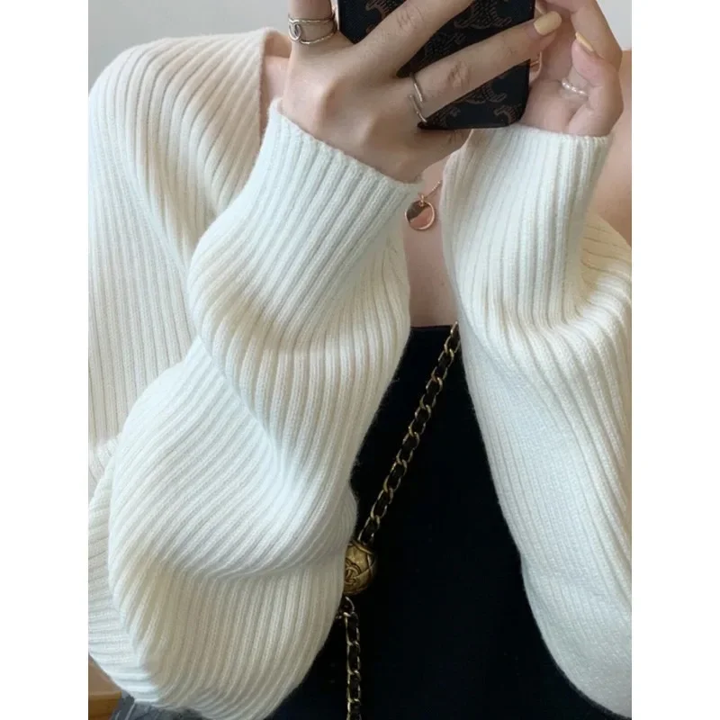 Women Short Cardigans Autumn Ultra-short Sweater Coat Long Sleeve Loose Knitted Crop Top Solid Color Sexy Cardigan Sweaters Top