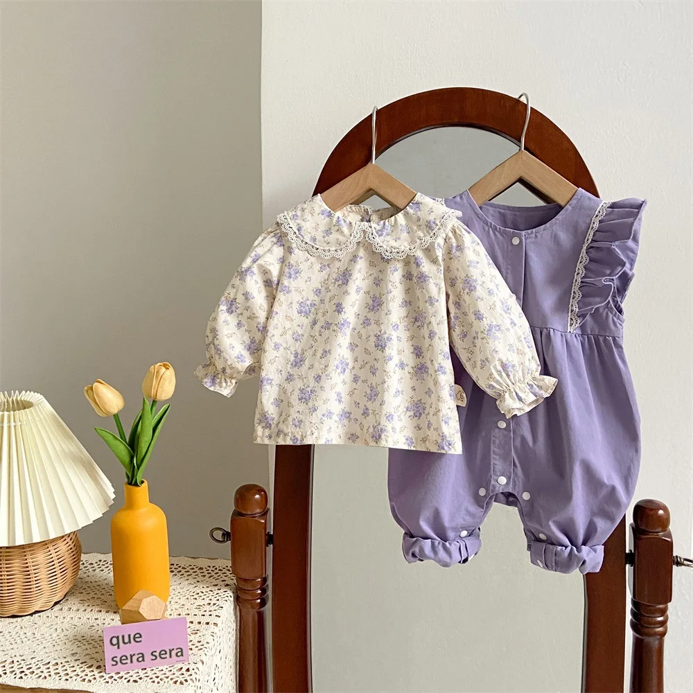 2024 Spring New in Infant Girls Cute Clothing Set 2pcs Kids Peter Pan Collar Floral Top Shirts+jumpsuits Romper Baby 3M-3Y