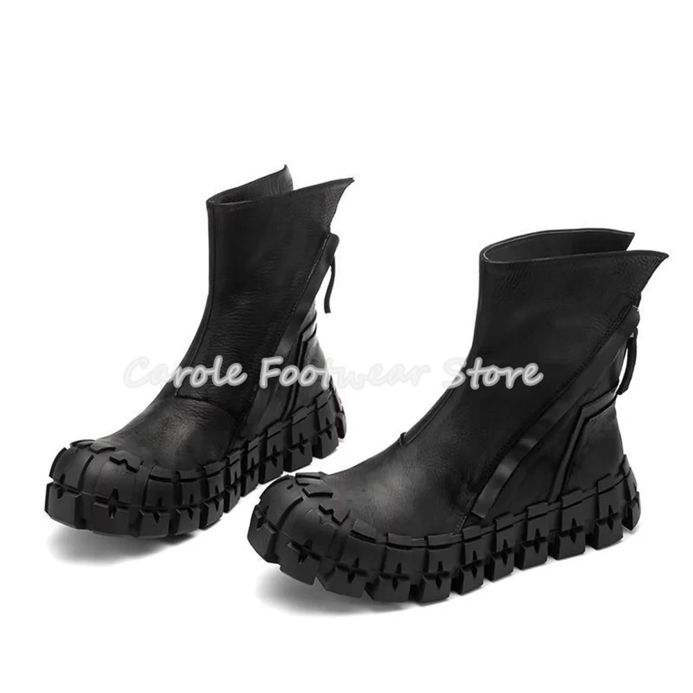 

Black Genuine Leather High Top Zipper Short Boots for Men Chunky Bottom High Heel Motorcycle Boots Male Outside Leisure Shoes