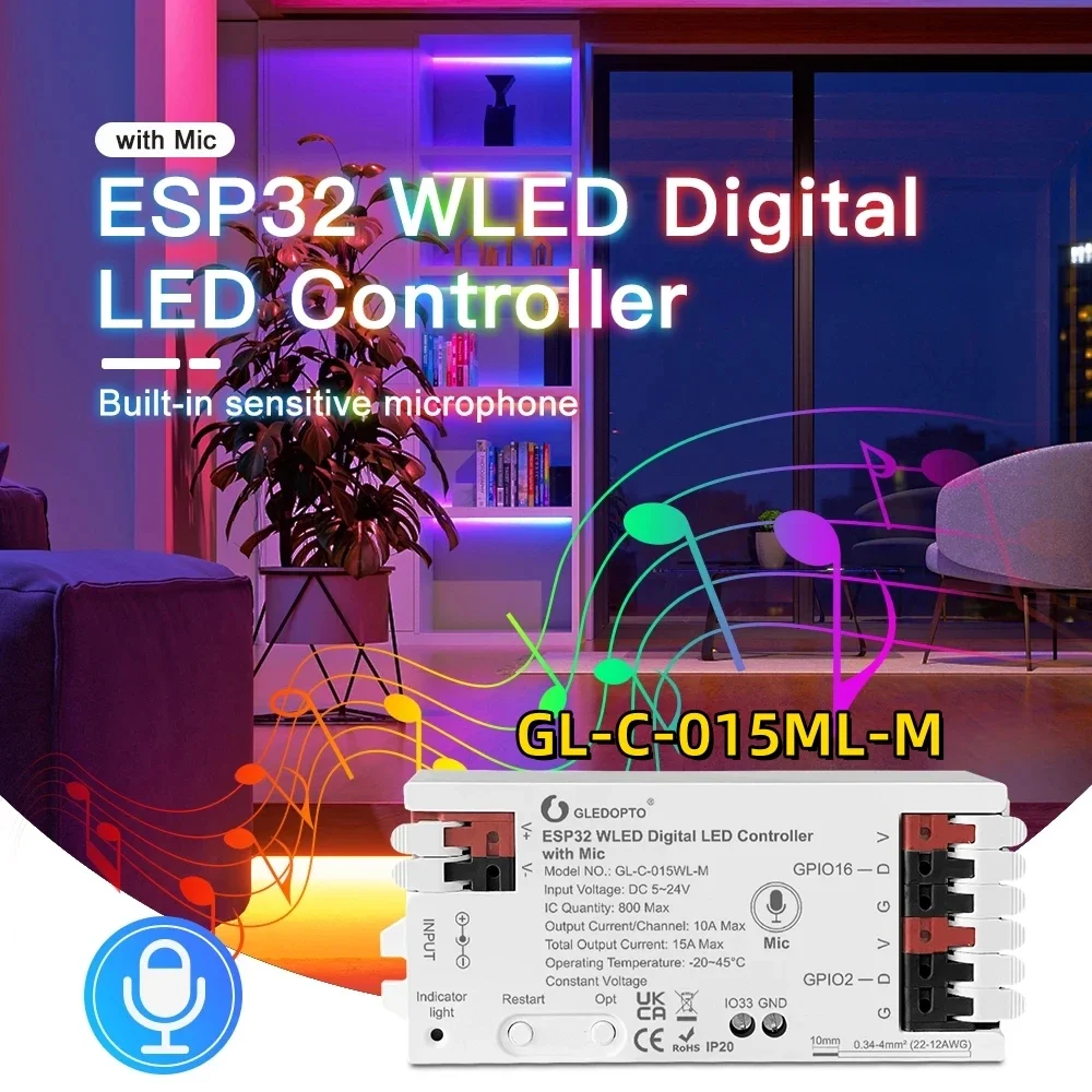 controlador esp32 wled com microfone e microfone som de musica dinamico wifi ws2811 ws2812 sk6812 luz pixel faca voce mesmo 524v 01