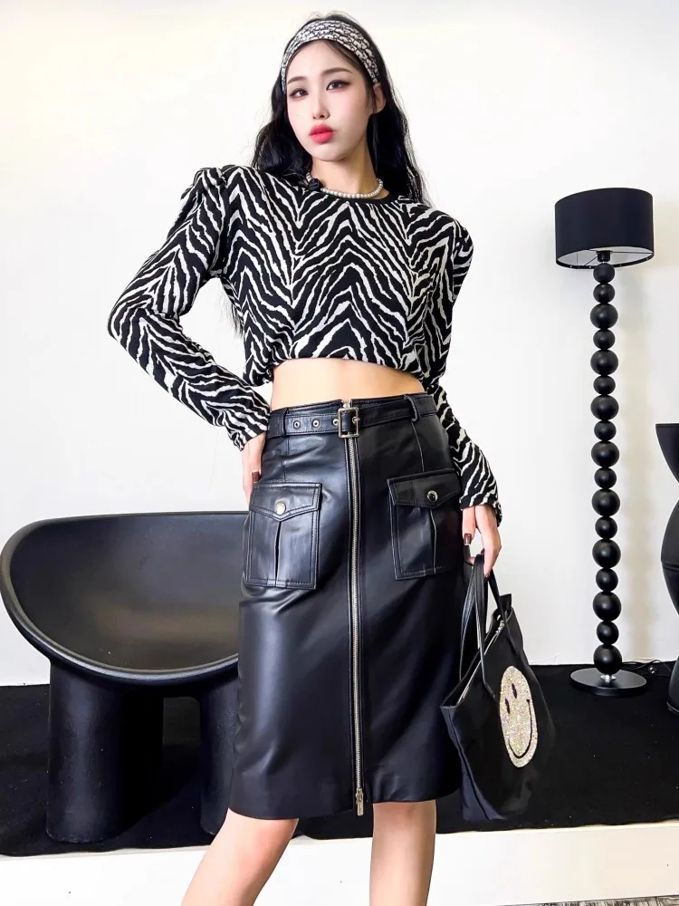 Sexy Office Ladies High Waist Belt Wrap Skirts Front Zipper Slim Fit Genuine Leather Skirt Women Elegant Black Sheepskin Skirts
