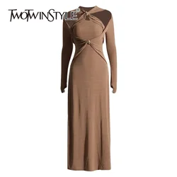 TWOTWINSTYLE Hollow Out Irregular Knitting Dresses For Women V Neck Long Sleeve Twist Front High Waist Solid Slim Dress Female