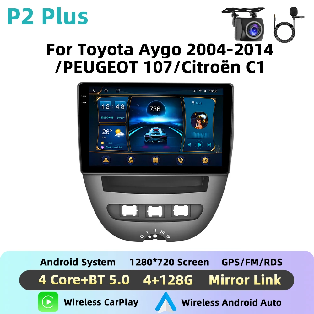 Podofo 10 ''Draadloze CarPlay AI Voice Autoradio Voor Toyota Aygo 2004-2014/PEUGEOT 107/Citroën C1 Android GPS DSP Autoradio FM BT