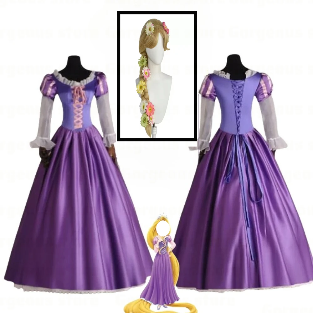 Erwachsenen-Damen-Prinzessin-Rapunzel-Cosplay-Kostüm mit Feenperücke, Halloween-Kostüm, Mädchen- und Damen-Faschingskleid, Weihnachtsgeschenk