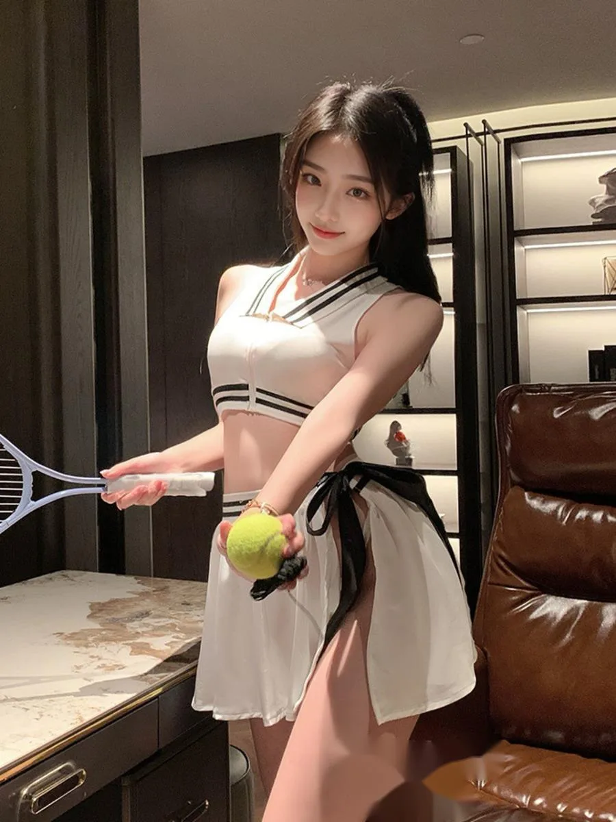 

Tennis Goddess Two-Piece Zipper Skirt Sets Chest-Exposing Side Slit Hip-Exposing Flirting Sexy Nightwear Skirt Sets Elegant ZY38