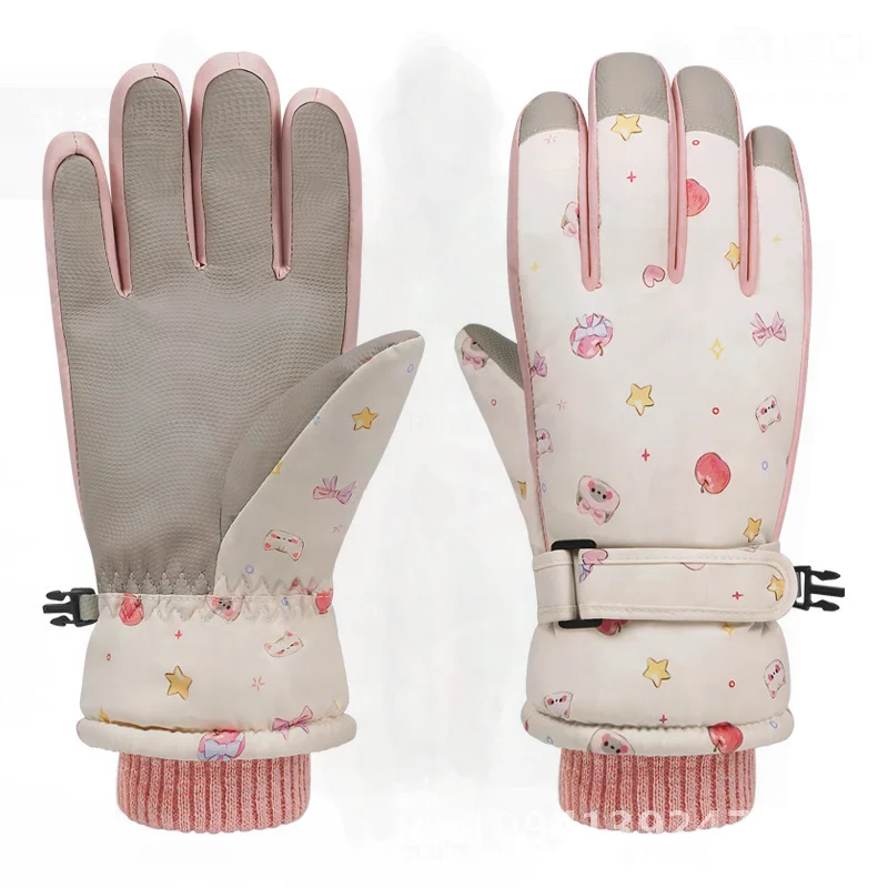 여성을위한 귀여운 새끼 고양이 스키 장갑 겨울 방풍 방수 양털 안감 두꺼운 따뜻한 미끄럼 방지 손가락 야외 사이클링 장갑