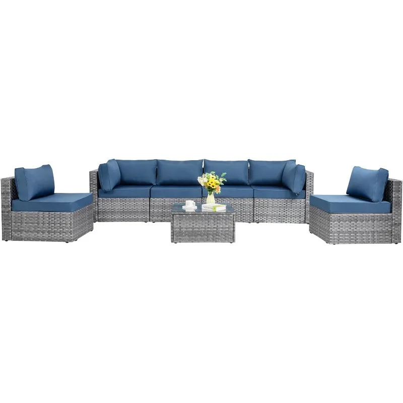 

7 Pieces Outdoor Patio Sectional Sofa Couch, Silver Gray PE Wicker Furniture Conversation Sets with Washable Cushions & Glass