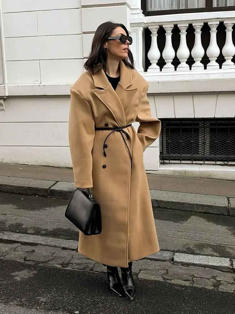 Fashion Retro Woolen Blends Overcoat Women Double-breasted Long Lapel Coat 2025 Spring Lady Casual Street Commute Outerwear