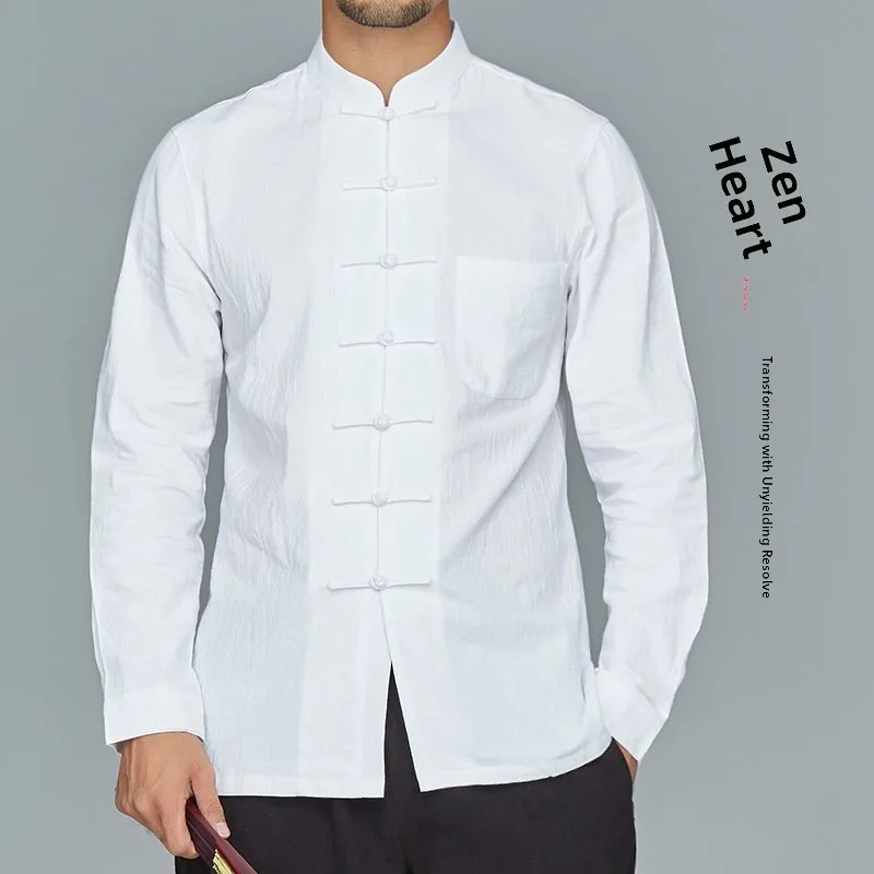 

Мужская хлопково-льняная рубашка с воротником-стойкой, базовый слой, для среднего и молодого возраста, в китайском традиционном стиле, осенняя...